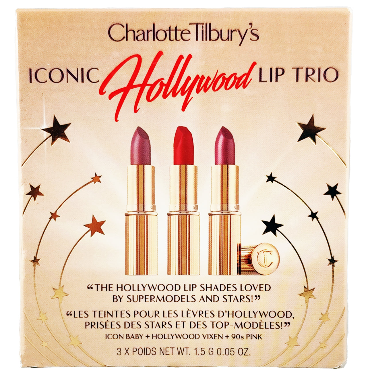 Charlotte Tilbury - Iconic Hollywood Lip Trio - Trio de Labiales iconicos - Set de 3 labiales Icon Baby, Hollywood Vixen, 90s Pink