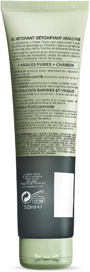 L'Oreal Paris Gel Limpiador Efecto Detox Arcillas Puras, 130 ml