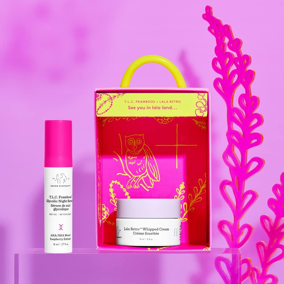 Drunk Elephant - Set Nocturno Para El Cuidado De La Piel. T.L.C. Framboos Serum Glicólico Nocturno 8Ml, Lala Retro Crema Batida, 15Ml