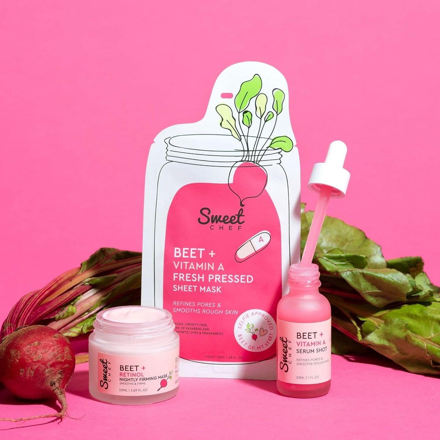 Sweet Chef Mascarilla reafirmante nocturna de remolacha + retinol, extracto de raíz de remolacha + máscara de crema de noche suavizante de retinol, mascarilla vegana durante la noche con escualano - 50ml