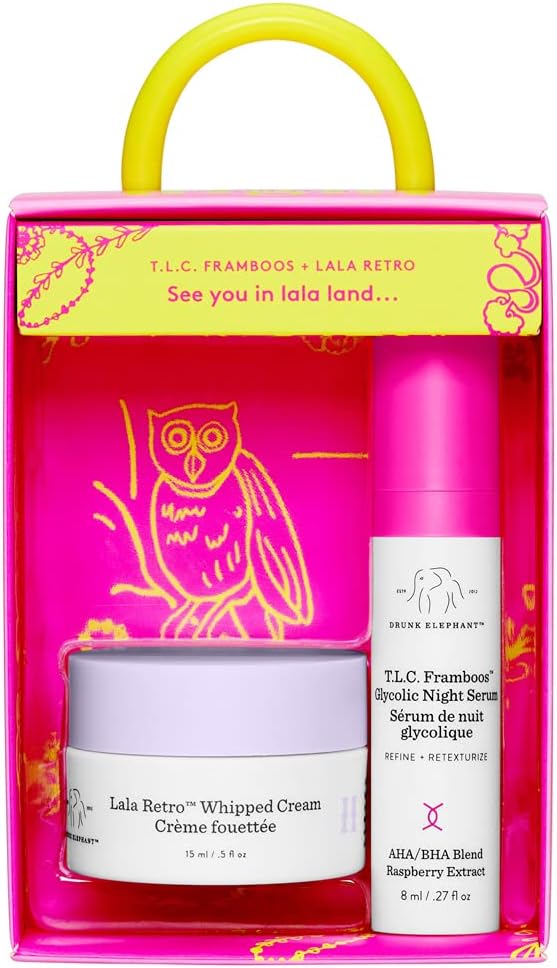 Drunk Elephant - Set Nocturno Para El Cuidado De La Piel. T.L.C. Framboos Serum Glicólico Nocturno 8Ml, Lala Retro Crema Batida, 15Ml