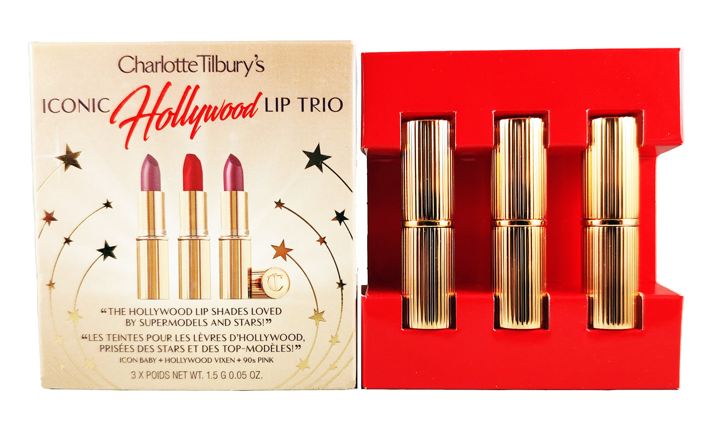 Charlotte Tilbury - Iconic Hollywood Lip Trio - Trio de Labiales iconicos - Set de 3 labiales Icon Baby, Hollywood Vixen, 90s Pink